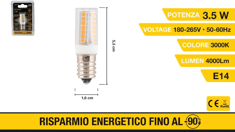 Universo Lampadina LED E14 Tubolare peretta per Frigoriferi e Forno