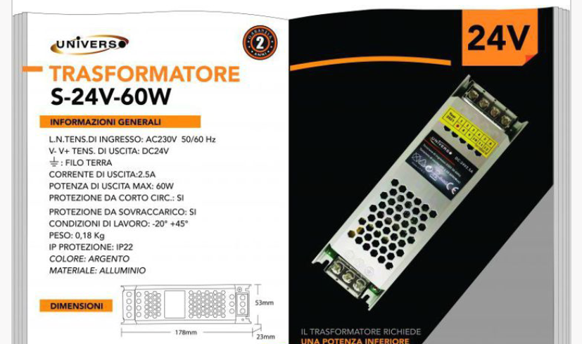 Alimentatore SLIM per striscia 2.5A 24v 60W “UNIVERSO” « Tutto per  L'ILLUMINAZIONE